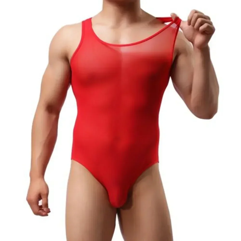 Men\'s Leotard Tan Tops Singlet Bodysuit Elastic Mesh Sheer Jockstrap Bulge Pouch Panties Lingerie Underwear Man Jumpsuit