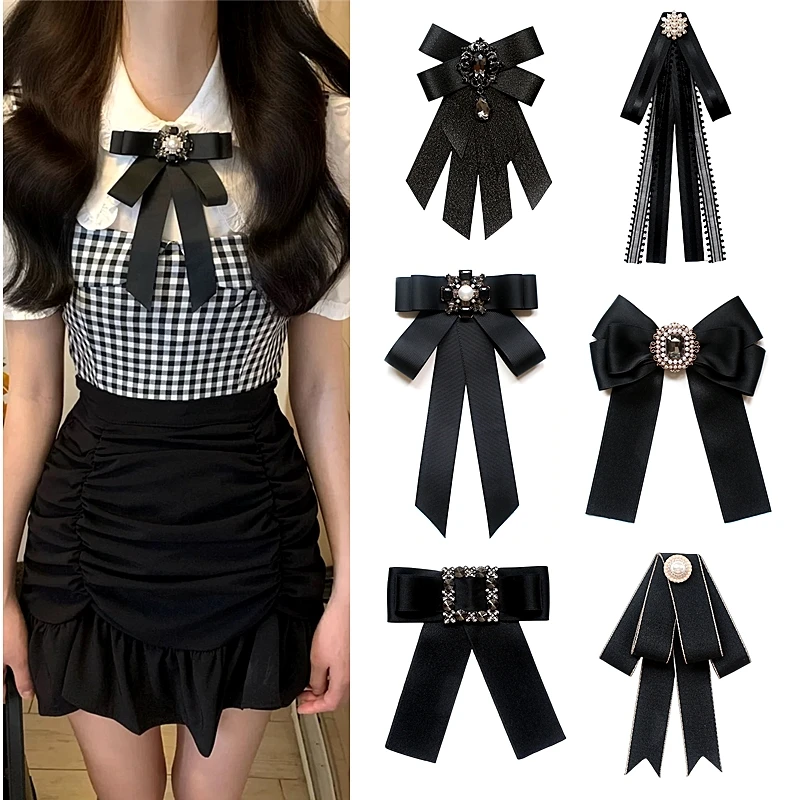 

Fashionable Women's Shirt with Large Ribbon Black Bow Tie Dress Collar Flowers High-end Rhinestone Brooch Handmade Jewelry Gifts
