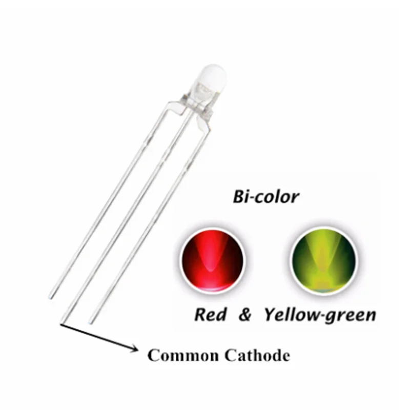 

New 100pcs 5mm Red + yellow Green Bicolor Led Round Head Transparent Dip-3 Common Cathode Water Clear Lamp Light Beads