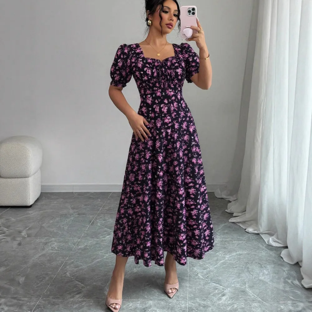 فستان نسائي مطبوع بأكمام منتفخة بقصة ضيقة وياقة مربعة فساتين طويلة مكشكشة أنيقة للسيدات فساتين على شكل حرف A غير رسمية 2025