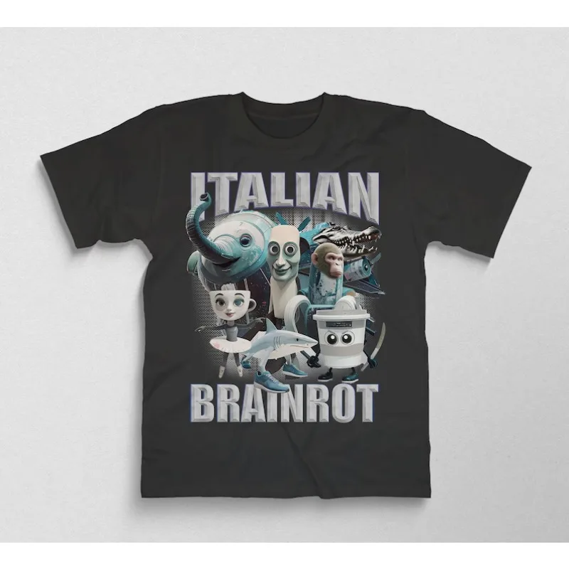 

Italian Brainrot Graphic T-Shirt. Black Tee with Wacky Zoo Print of Elephant Shark Robot, Quirky Humor Streetwear Style Top