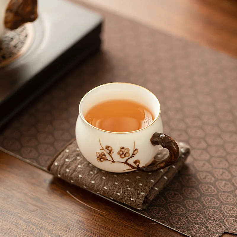 Chinese hand-pinched flower tea set, mutton fat jade teacup, ceramic tea, coffee cup, kung fu tea set