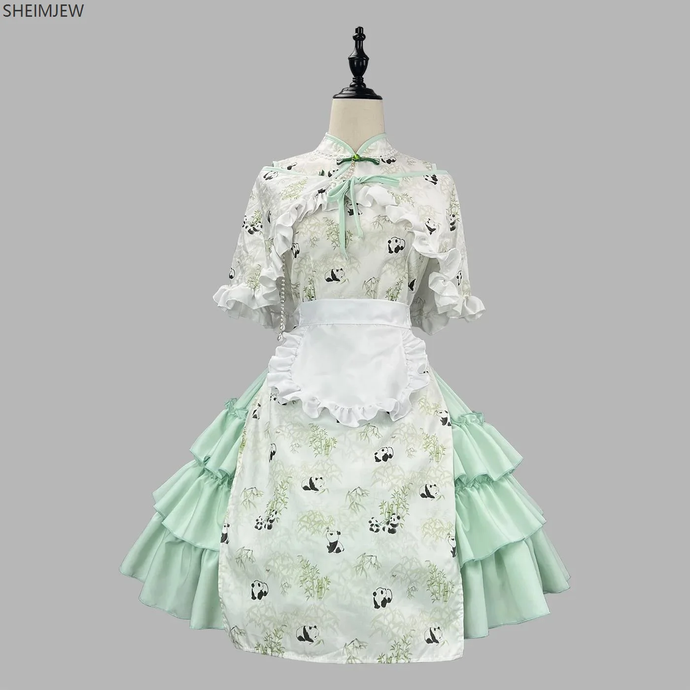 

Japanese Lolita Maid Outfit Sexy Chinese Cheongsam Panda Print Role Play Dress Green Backless Uniform Popular Maid Party Costume
