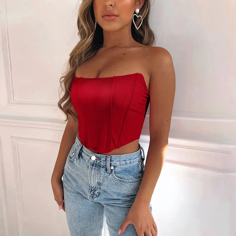 T Shirt Women Summer Short Top Wrapped Breast Playful Sexy Wind Backless Crop Strapless Slim Top Tshirt women's Clothing TXGL019
