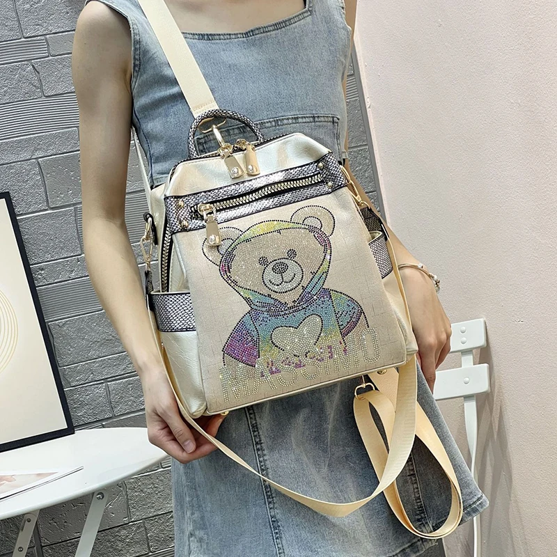 New Fashion Shiny Rhinestone Brand Cute Bear Backpack Designer Waterproof Leather Luxury Large Capacity Travel Schoolbag Mochila