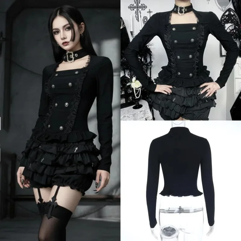Lolita Gothic Y2K Top Knight Girl Subculture Mesh Hollow Long Sleeve Base Layer Dark Hollow Long Sleeve Unisex T-Shirt Top New