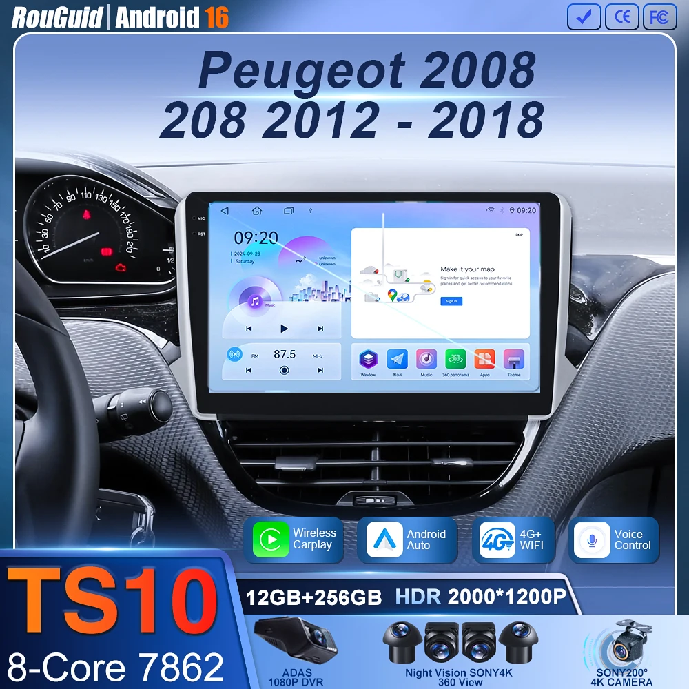 Pour Peugeot 2008 208 série 2012 2013 2014 - 2018 Android 16 lecteur multimédia de Navigation Carplay Auto stéréo BT vidéo autoradio