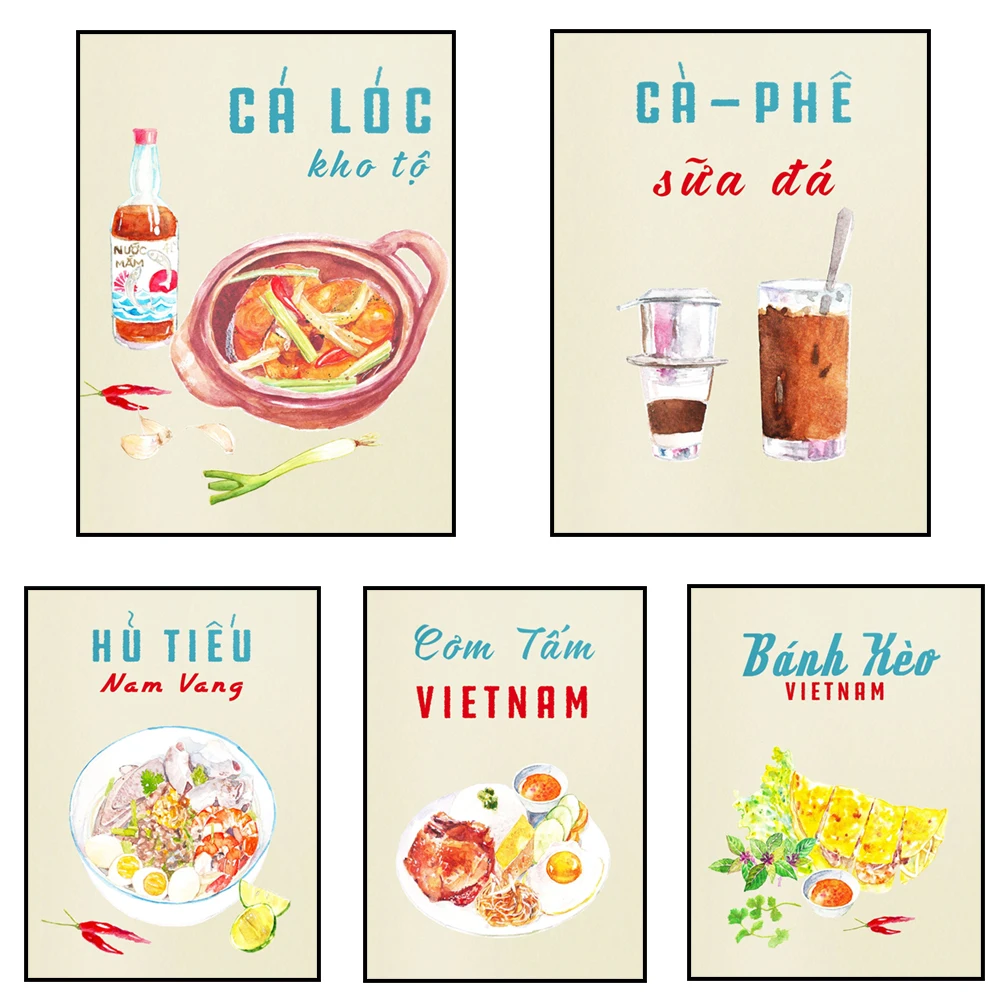 Comida vietnamita pescado estofado, café, rollos de primavera, fideos de tofu con pasta de camarones, cartel de sopa de pescado Restaurante Bistro Gourmand