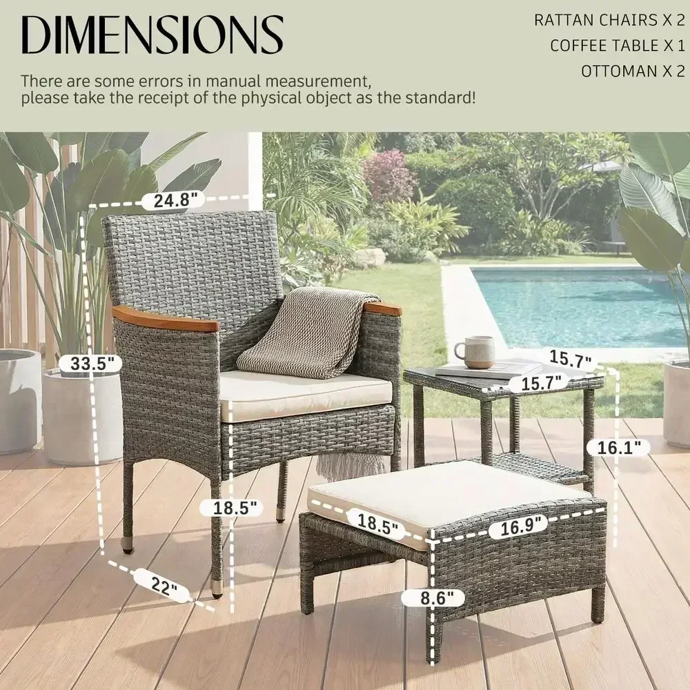 Gray Wicker 5-Piece Patio Furniture Set with Table and Ottomans
