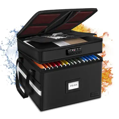 Fireproof Document Box with Lock, 2 Layer File Cabinet Organizer, Portable Collapsible Storage for Letter/Legal Size Folders