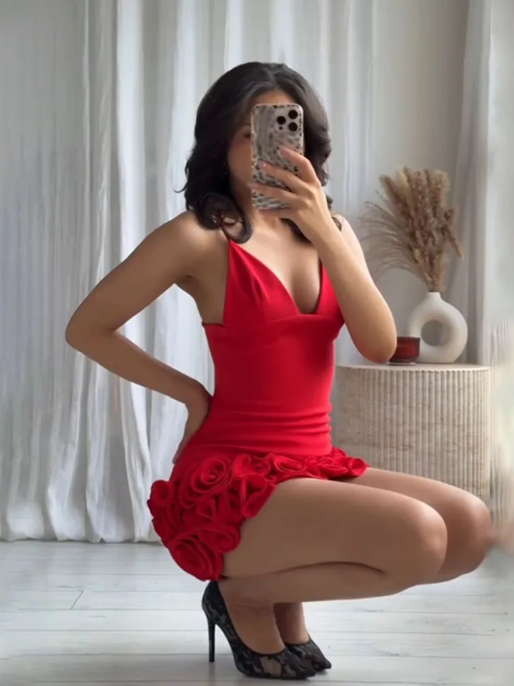 HH Women Fashion Sexy Slim Sleeveless Convex Flower Design Sling Mini Dress Summer Female Elegant V-neck Zipper Dress Mujer