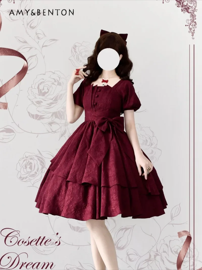 Elegant Temperament Heavy Industry Jacquard Lolita Dress Summer New Sweet Cute Bow Strap Bubble Sleeve Princess Tutu Dresses