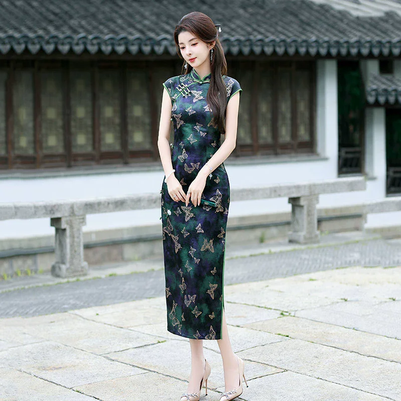 Retro Double-layer Long Plus Size Cheongsam Spring/summer New Chinese Traditional Qipao Print Butterfly Daily Dress