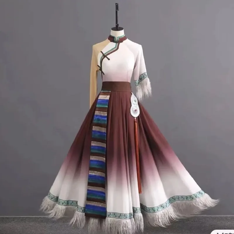 Tanz Tibetische Performance-Kostüme Tanzkostüme Halblange Röcke Üben Ethnisch