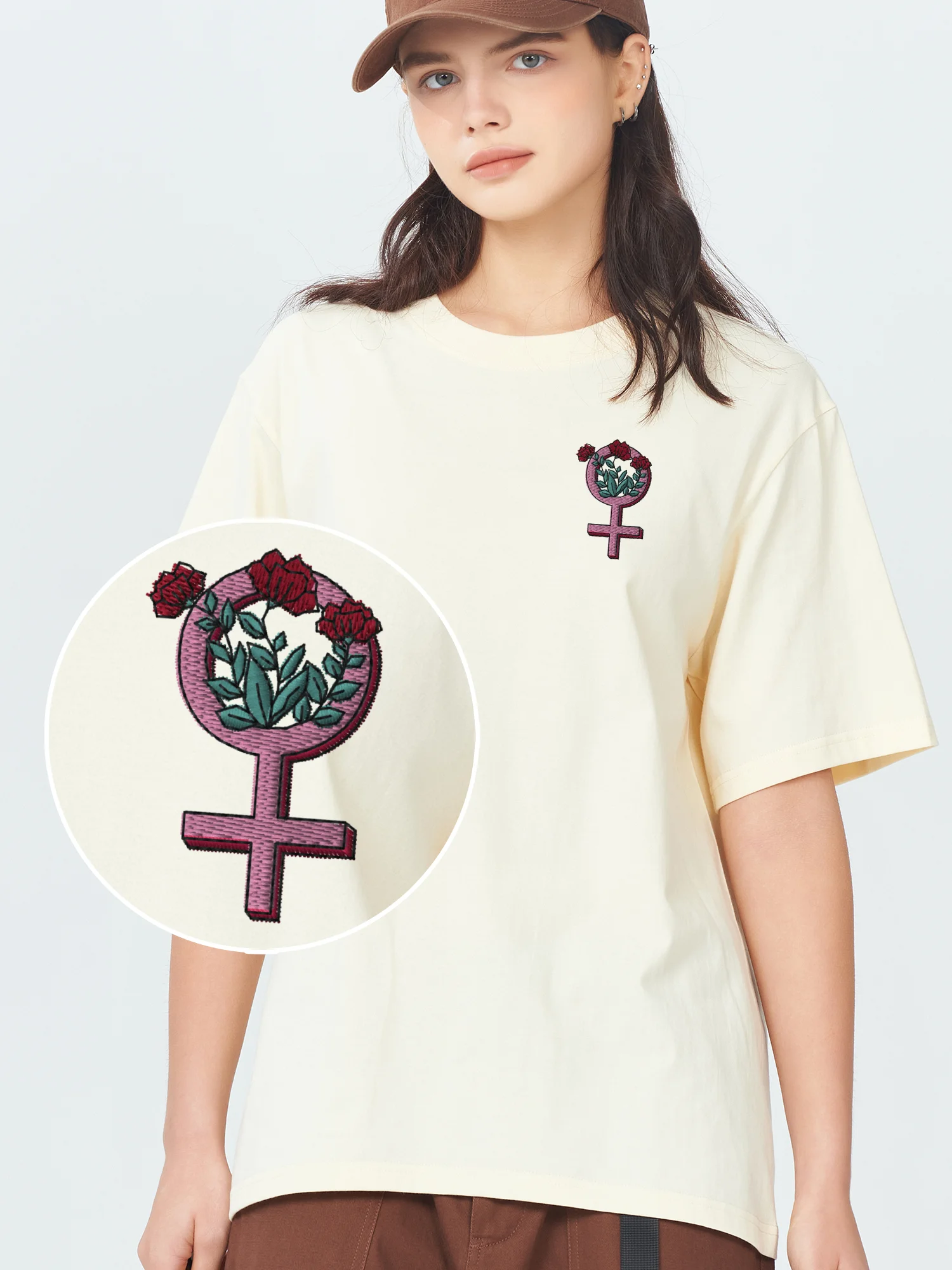 

Power Embroidered Tshirt for Women Cotton Embroidery T-Shirts Flower Oversized T Shirt Men's Clothing Deals T-Shirts