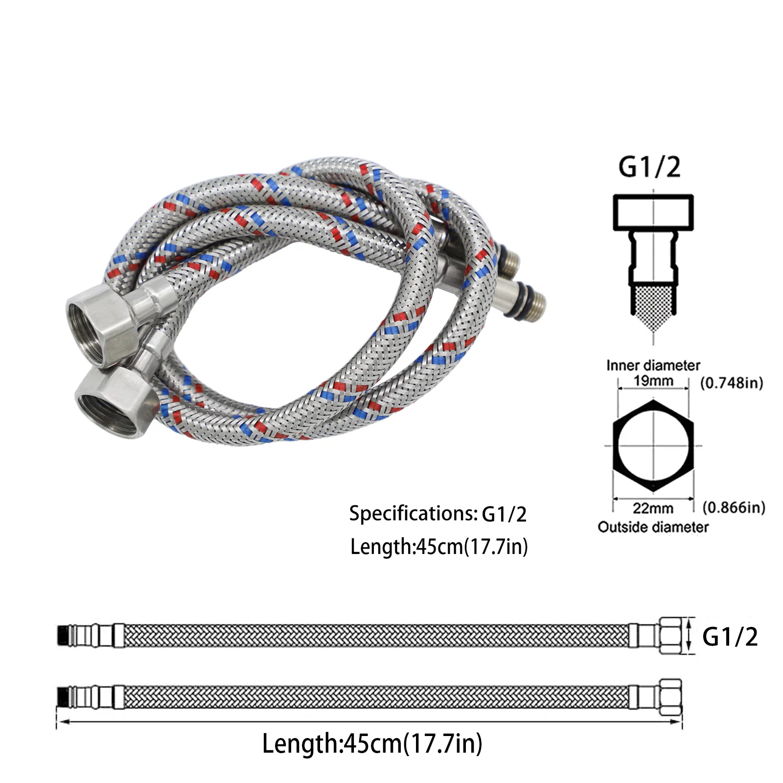 

G1/2 Stainless Steel Braided Faucet Supply Hose 45cm Hot Cold Water Inlet Pipe Plumbing Tube for Kitchen Bathroom Tap
