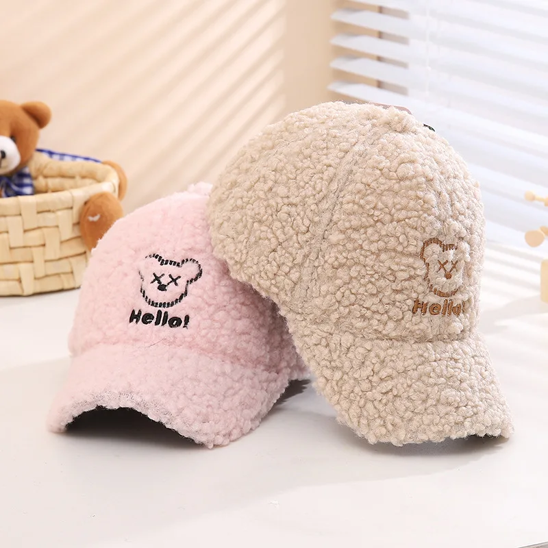 Doitbest 2023 Winter Boy Girl Cap Baseball Bear Cartoon Child Lamb Fluff Thicken Kids Child Peaked Caps Snapback Gorras