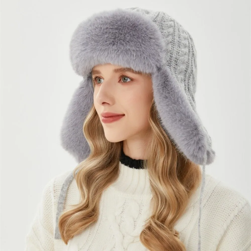 Casual Knitted Men Women Pilot Hat Windproof Fluffy Faux Fur Lei Feng Hat Extended Korean Ear Protection Cap Ladies