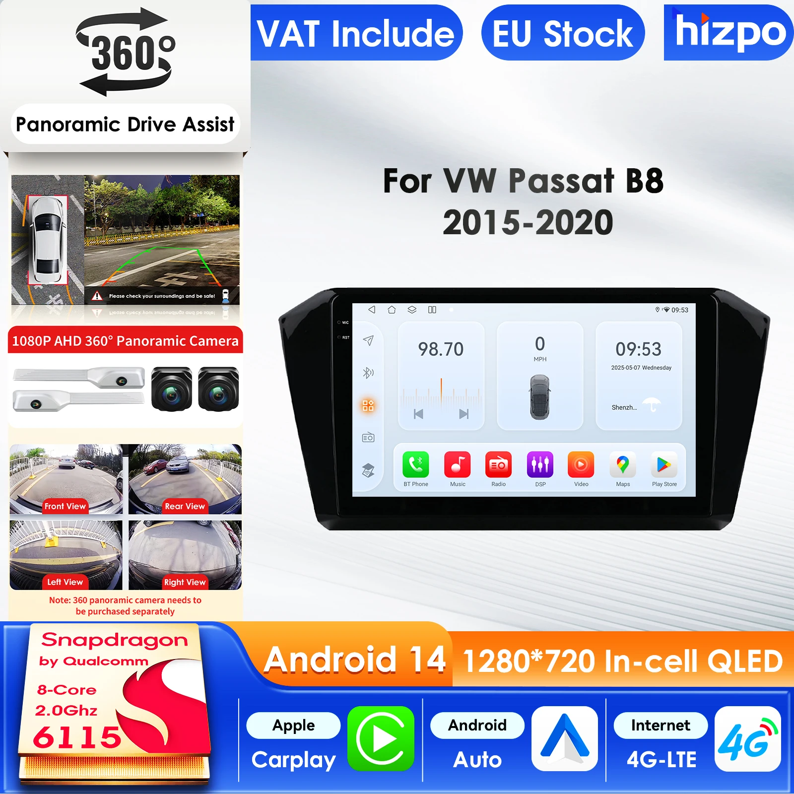 Hizpo 10,1 Zoll Carplay 4G AI-System Autoradio für VW Passat B8 2015-2020 Multimedia-Video Autoradio 360-Grad-Kamera 10,1 Zoll Intelligenter Bildschirm QLED-Display Automotive Head Unit Navigation 5G