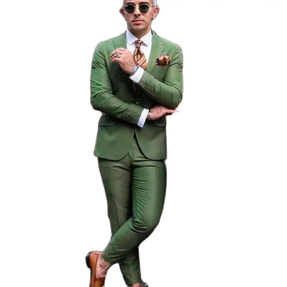 Fashion Men\'s Suits Green Double Breasted Peak Lapel High Quality Smart Casual Office Terno Elegant Party 2 Pcs Jacket Pant 032B