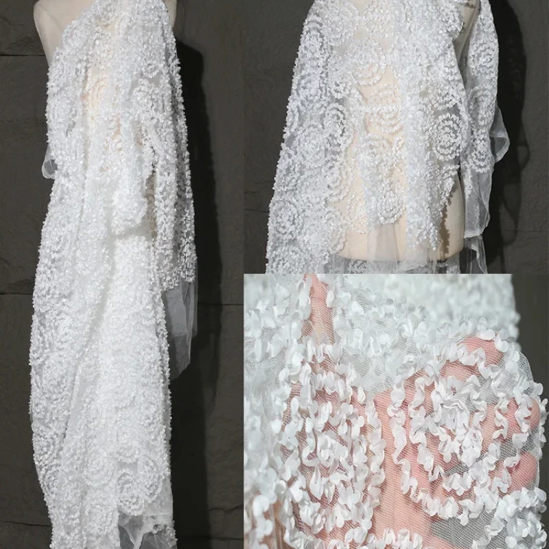 White Pleated Textured Jacquard Fabric Openwork Three-dimensional Mesh Wedding Lace Skirt Clothing Designer Fabrics