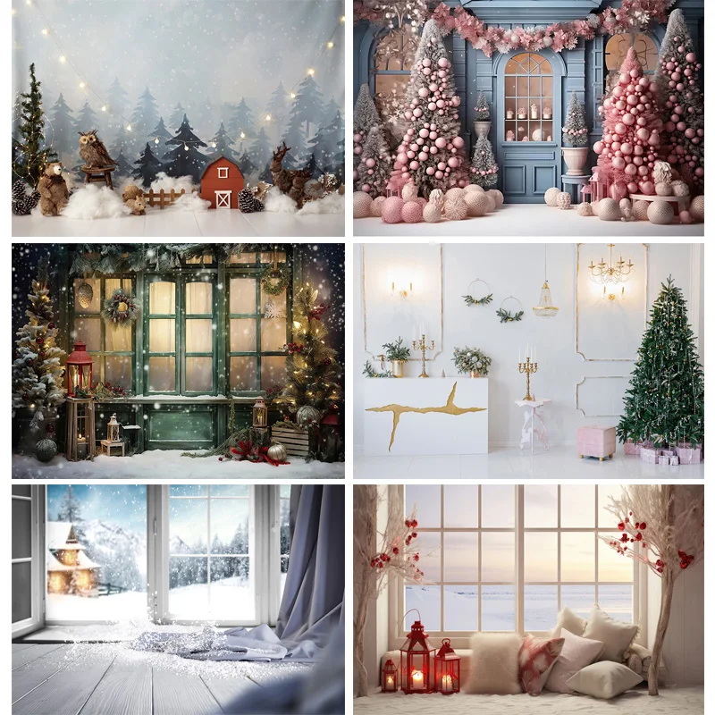 크리스마스 트리 선물 꽃 화환 사진 배경 창 핑크 하우스 문짝 기념일 새해 사진 배경 DRG-01