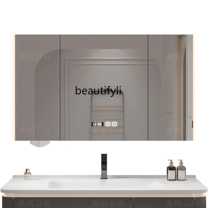 Oak Single Full Mirror Bathroom Smart Mirror Cabinet Wall-Mounted Side Light Defogging Solid Wood