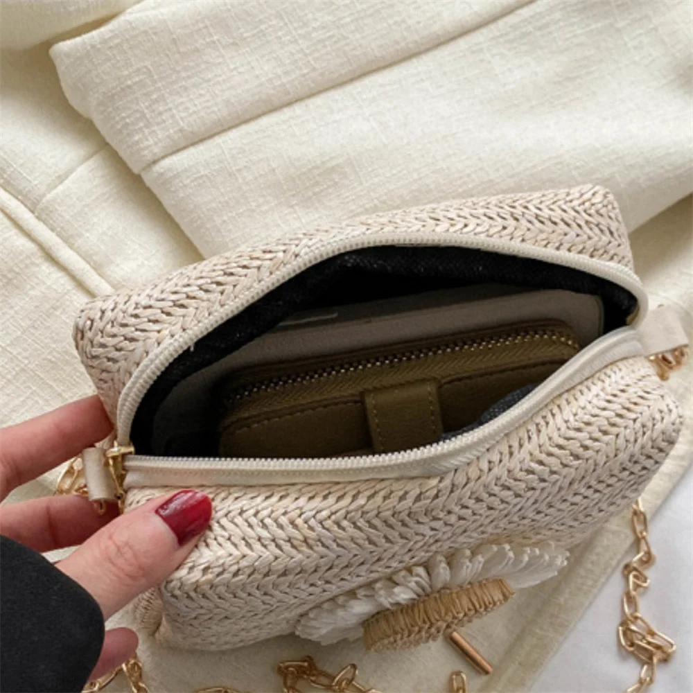 Rattan Woven Straw Bag For Women Adjustable Shoulder Bag Handbag Knit Flower Summer Beach Shoulder Messenger Bags