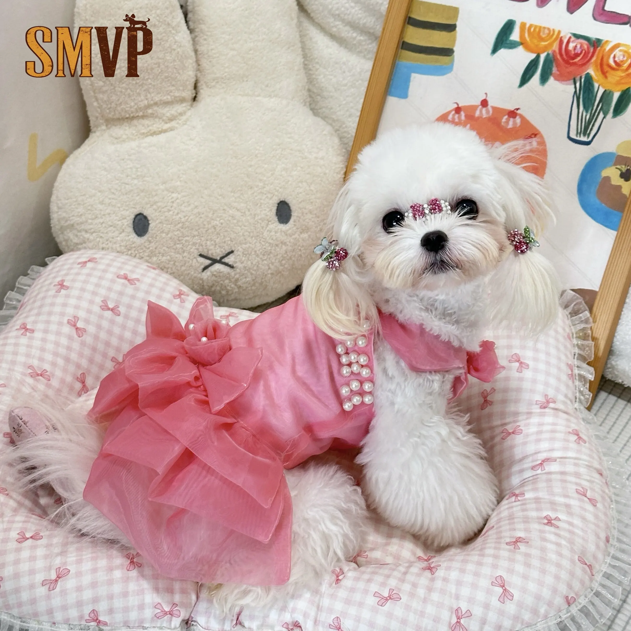

Spring and Summer Pink Pearl Decoration Jacquard Mesh Puffy Princess Dress Sweet Style Kitten Small Dog Dress