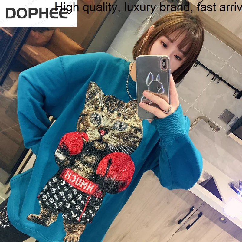 Brand Unisex Tide Hot Drilling Sweatshirt O-neck Pullover Bottoming Top 2023 New Autumn Boxing Cat Trendy Women Hoodie Harajuku