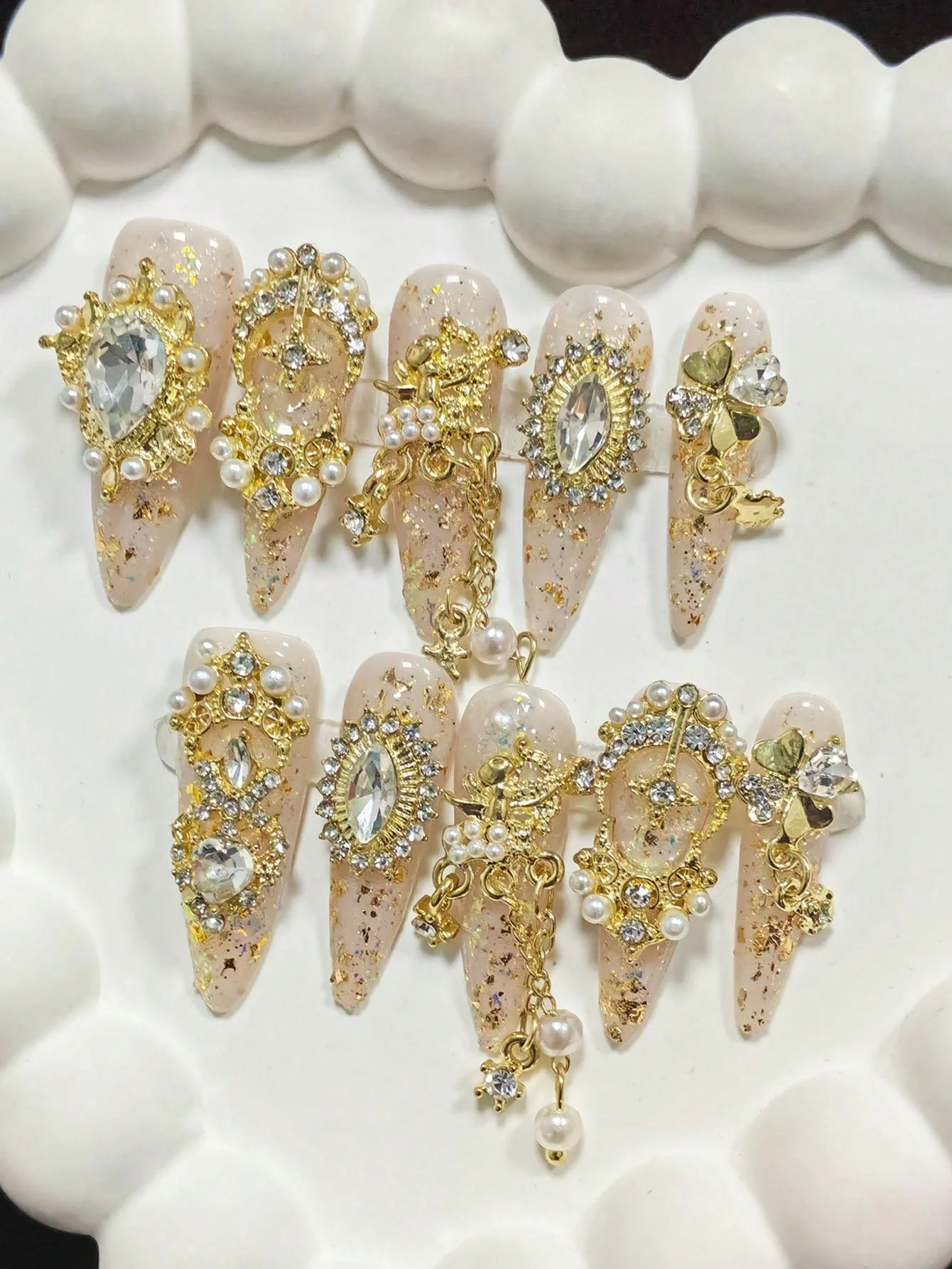 

10 шт. Золотые накладные ногти-стилеты ручной работы, роскошные искусственные ногти с 3D-декором, накладные ногти, искусственные ногти, накладные ногти