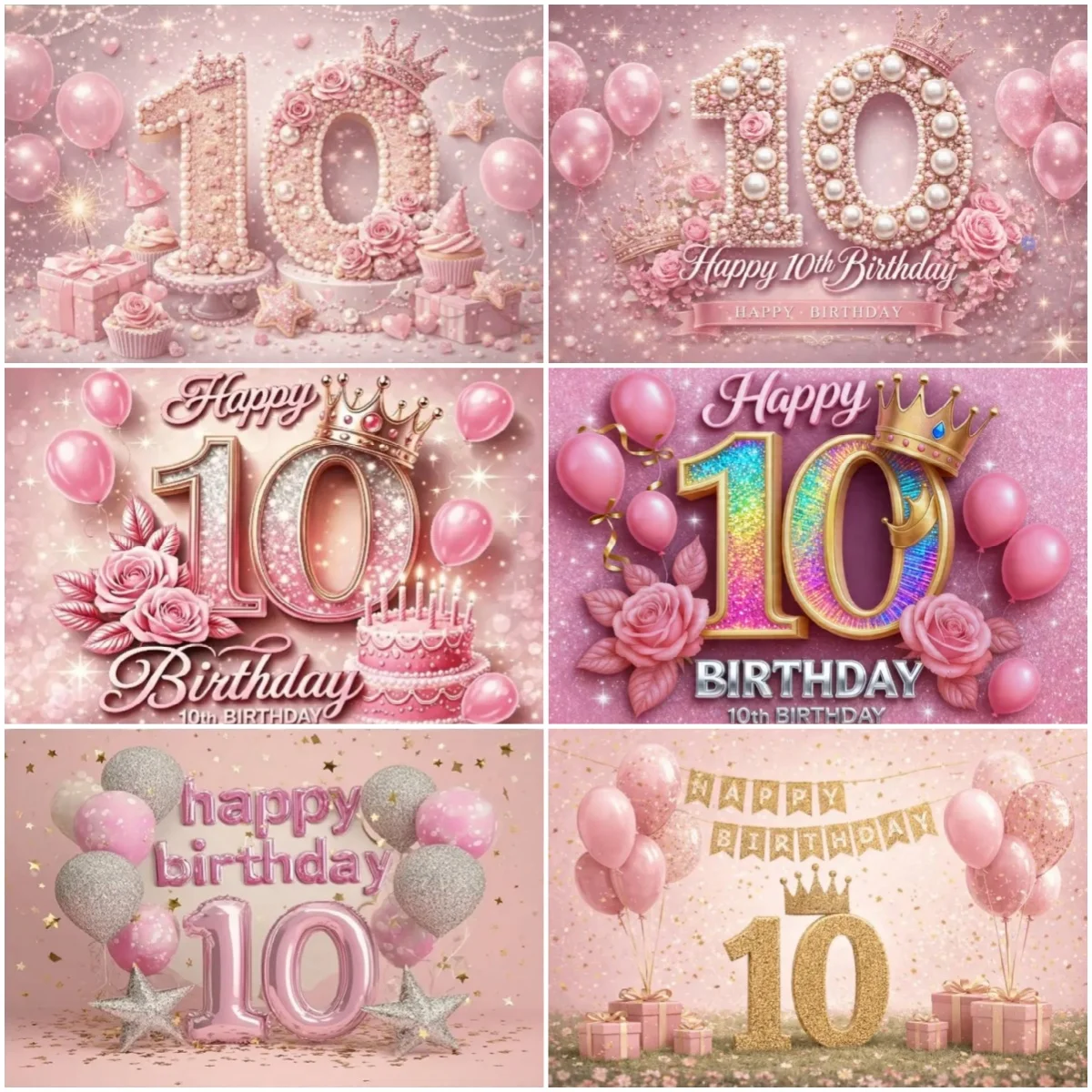

Happy 10th Birthday Banner Pink Purple Balloon Background Party Decoration Boys Girls Birthday Photography Backdrop Kids Gifts