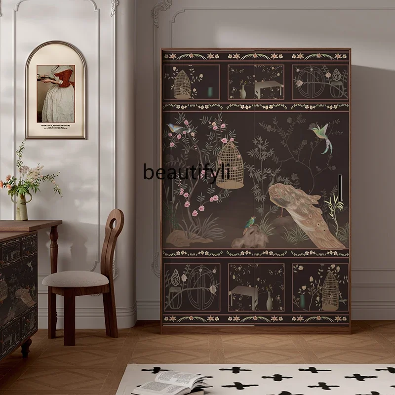 

French medieval solid wood wardrobe classical flower and bird storage cabinet against the wall floor-to-ceiling locker