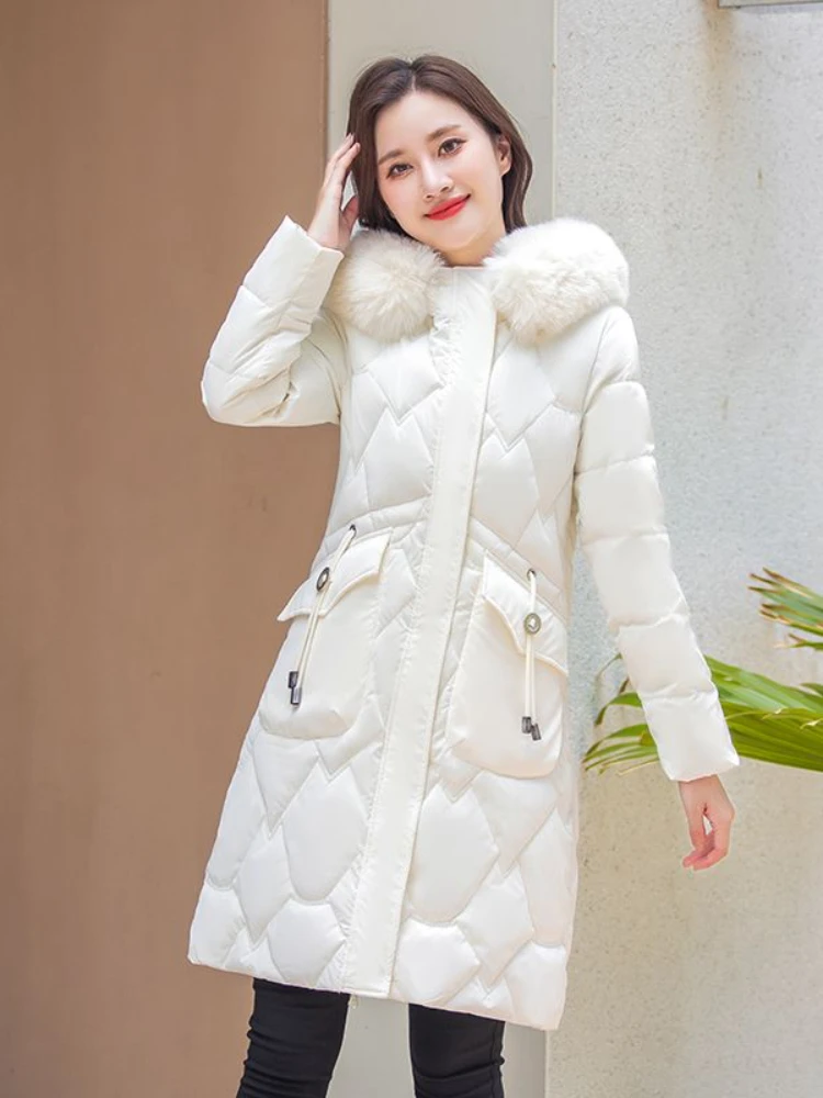 2023 Fashionable Women\'s Very Keep Warm Winter Drawstring Coat Lady Mid-Length Thickening Hooded Large Fur Collar Cotton Outwear