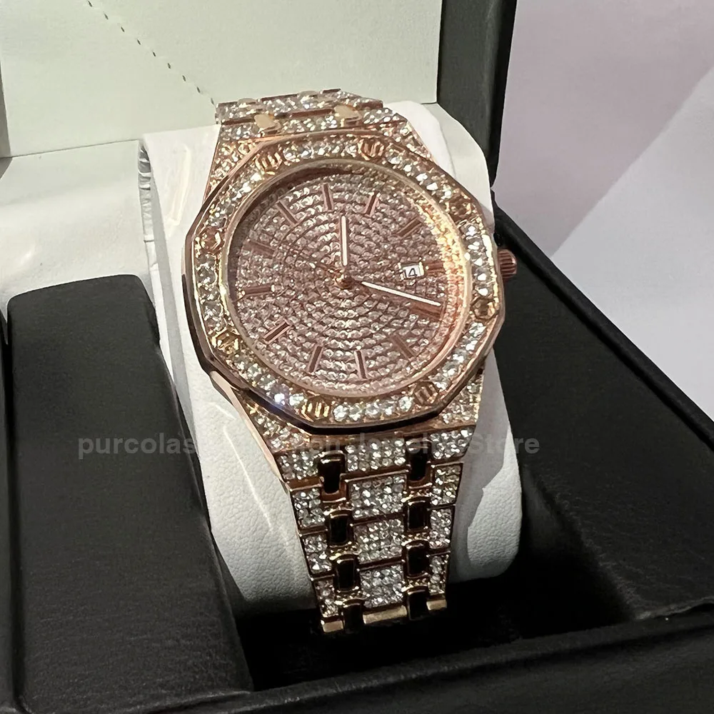 Cool Shiny Rhinestones Men Hip Hop Watch Customized Band Length Clock Iced Out Steel Octagonal Sky Star Wrist Watches