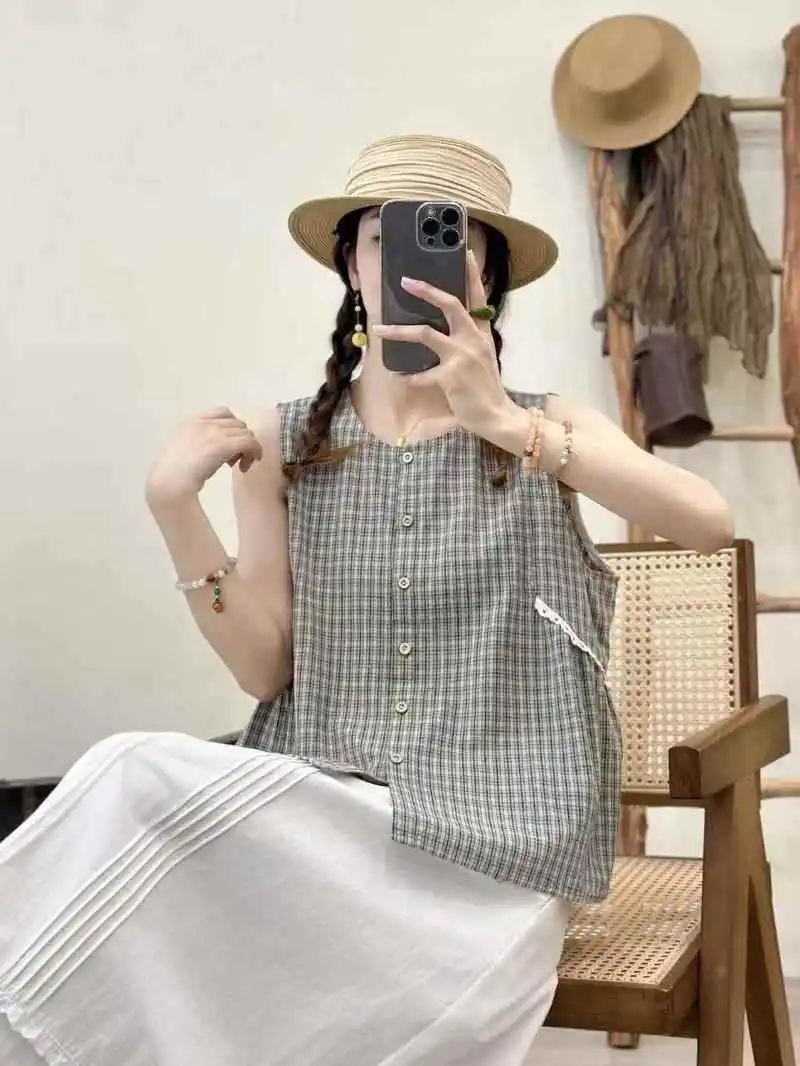 New 2025 Summer Cotton Sleeveless Shirt, Women O Neck Plaid Print Lace Patchwork, Mori Girl French Retro Loose Blouse T55579CC