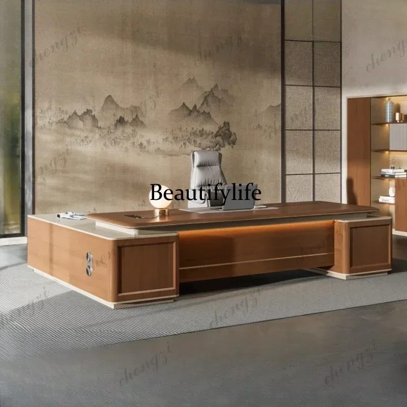 Y136 Y136 Boss table Light luxury high-end desk President Chairperson Taipantai Modern teak leather blister process