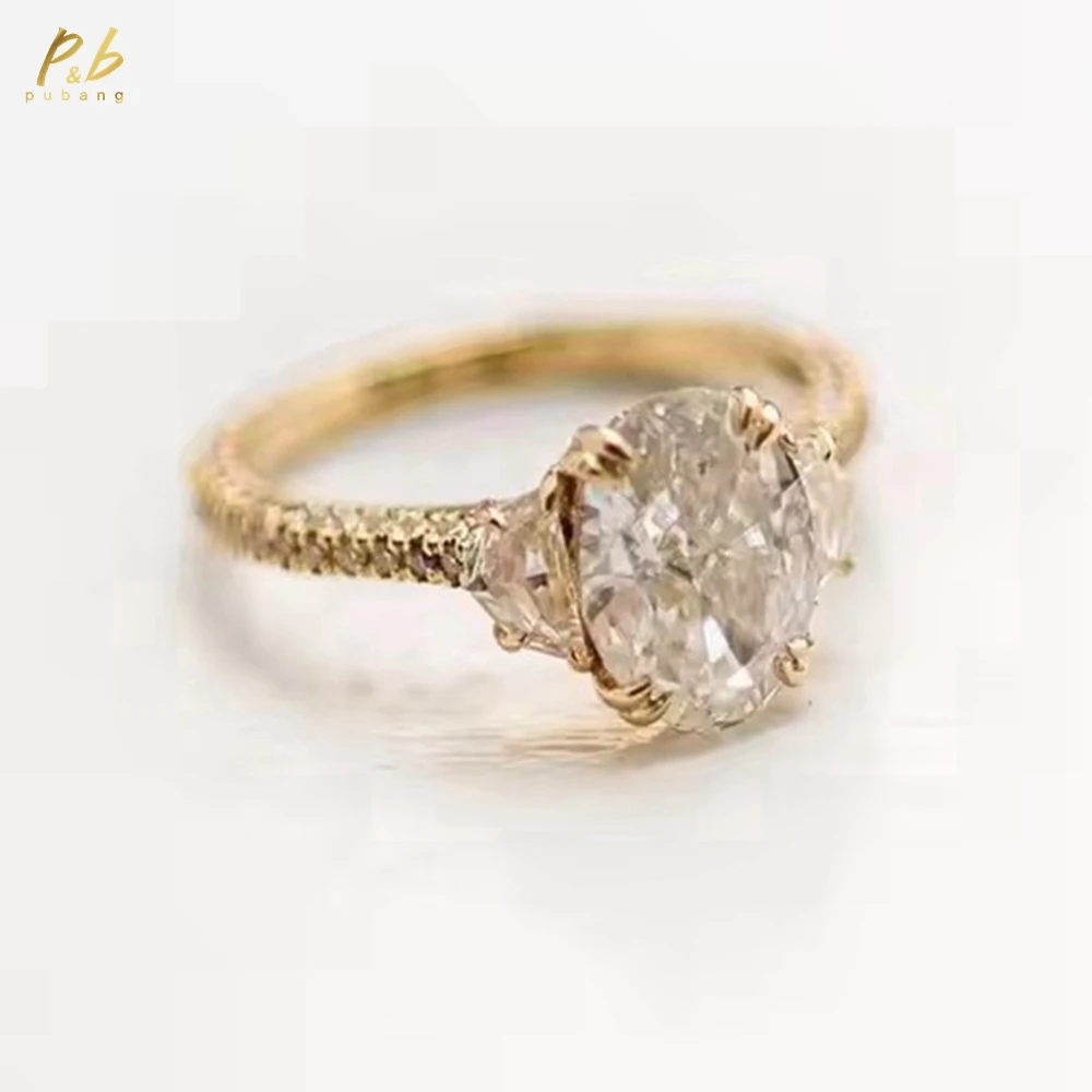 

PuBang Sparkling 3EX VVS1 D Color 4.5 CT Moissanite Ring Crushed Ice Oval Genuine True Real 18k Yellow Gold Jewelry Wedding Ring