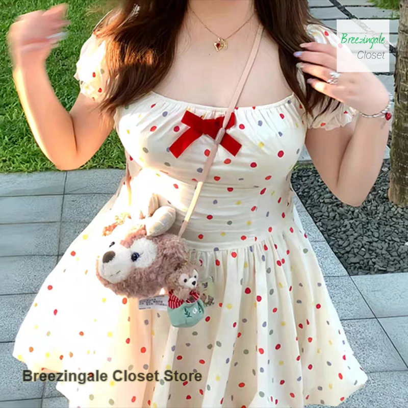 

French color cute polka-dot sweet bow square neck dress female summer new plus size casual slim sweet princess fluffy skirt
