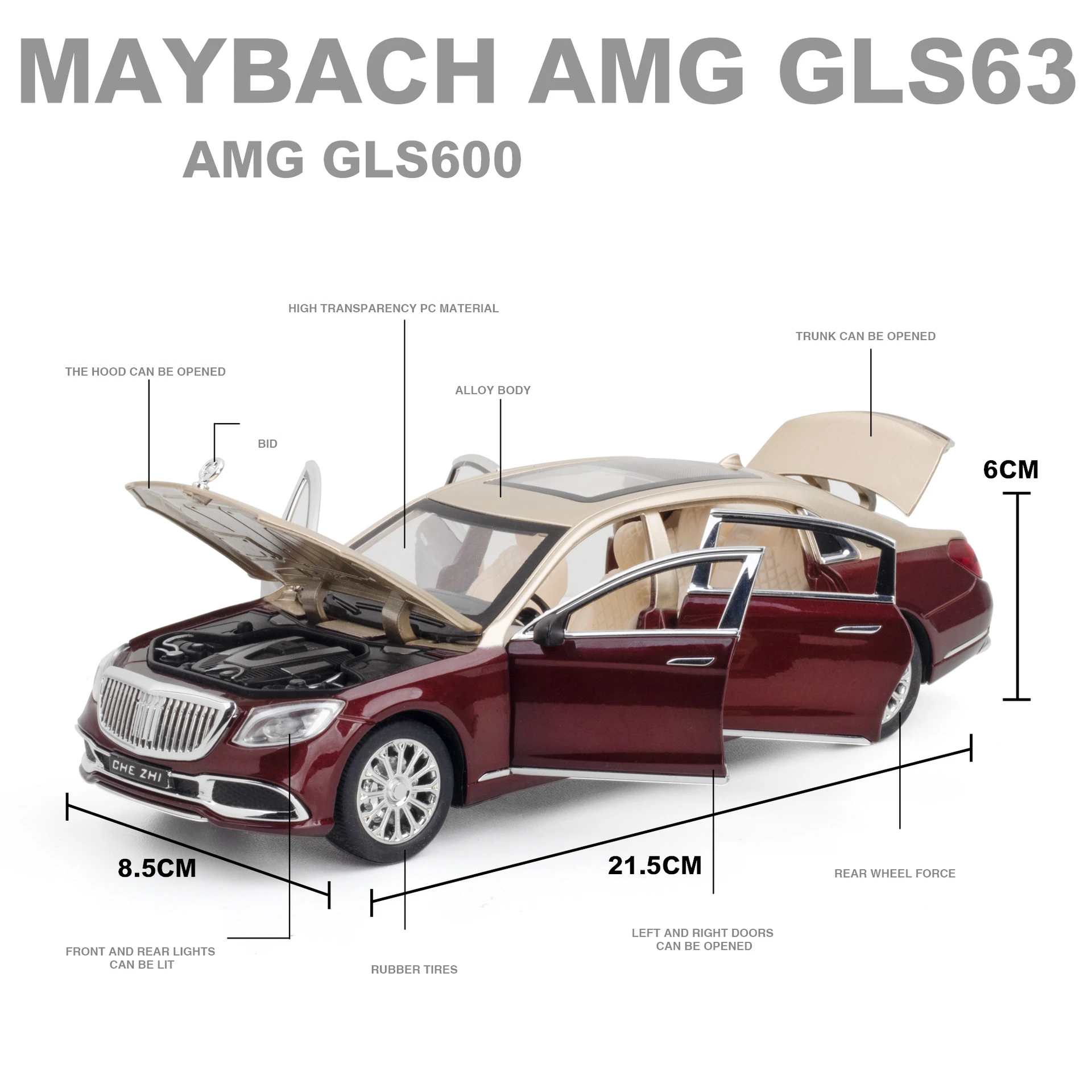 1/24 Maybach AMG S600 Toy Car Model, Diecast Alloy Metal Miniature Pull Back Sound & Light Collection Free Wheel Gift For Boy