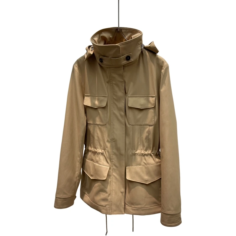 Standing Collar Hooded Detachable Sleeve Zipper Trench Coat Drawstring Pockets Waterproof Technology Fabric, Tight Waist, A25006