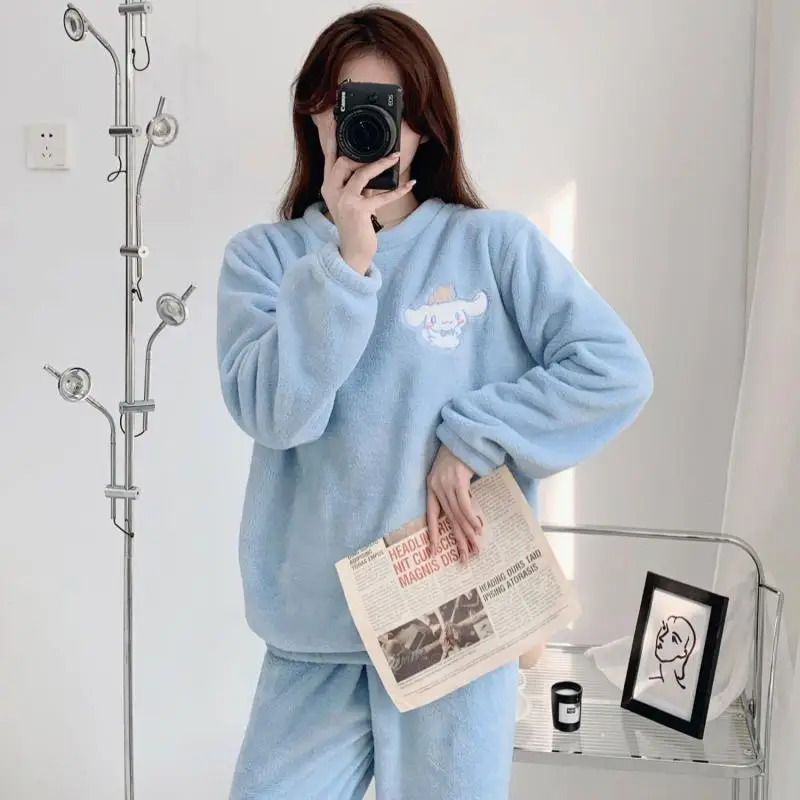 Sanrioed Cinnamoroll Kawaii Cartoon Women\'s Pajama Sets Winter Warm Thickened My Melody Kuromi Plush Homewear Cute Sleepwear