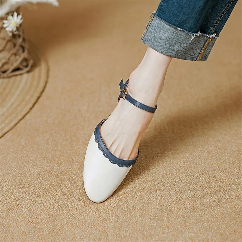 2023 NEW Summer Women Sandals Genuine Leather Chunky Heel Shoes Round Toe Low Heel Shoes for Women Cow Leather Shoes Handmade