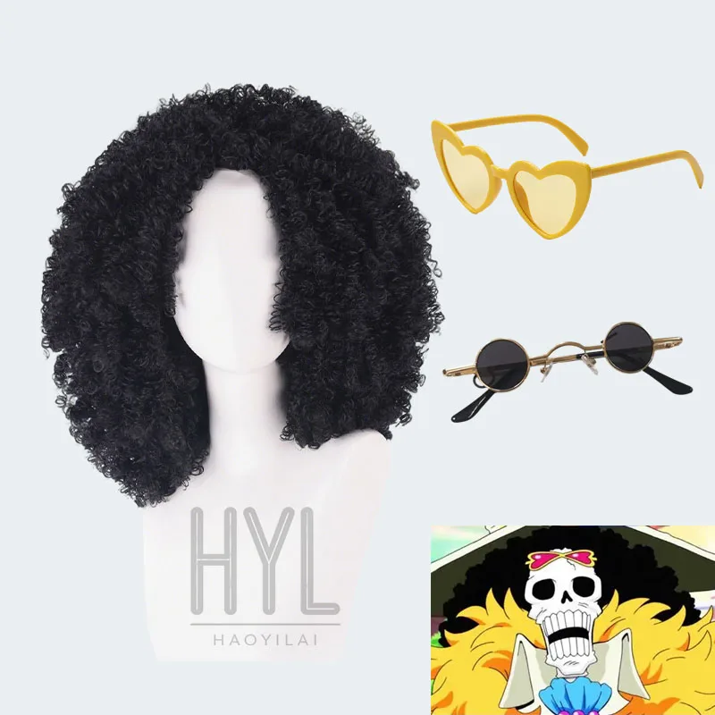 Anime Straw Hat Pirates Soul King Brook Cosplay Wig Black Short Synthetic Hair Glasses For Women Men Halloween Costume Party