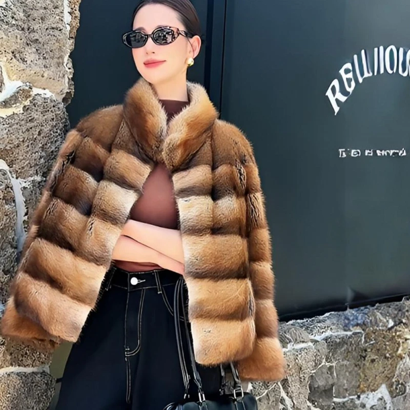 2025 New Winter Real Natural Muskrat Fur Women Coats Stand-up Collar Fur Jackets Thick Warm Luxury Female Outerwear Fur Clothing