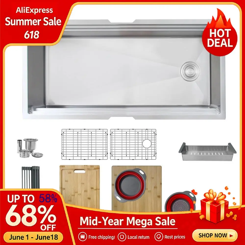 

39 x 19 Inch Large Kitchen Sink 16G Stainless Steel Single Bowl Deep Ledge Workstation Undermount Sink with Basket Stra, Custom