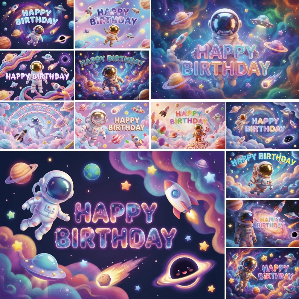

MOON.QG Happy Space Birthday Background Photography Astronaut Planet Star Backdrop Kids Photo Booth Wallpaper Baby Shower Shoot