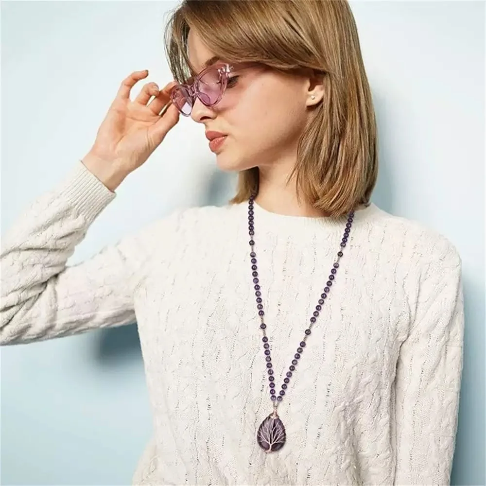 Amethyst Natural Stone Hand-Wound Tree of Life Water Droplet Pendant Necklace Jewelry