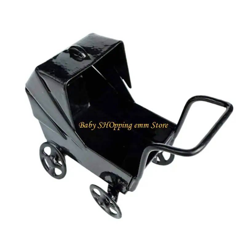 23GD Preto Pram 1:12 Modelo Realista Mini Berço Decorativo Pretend Play Toy