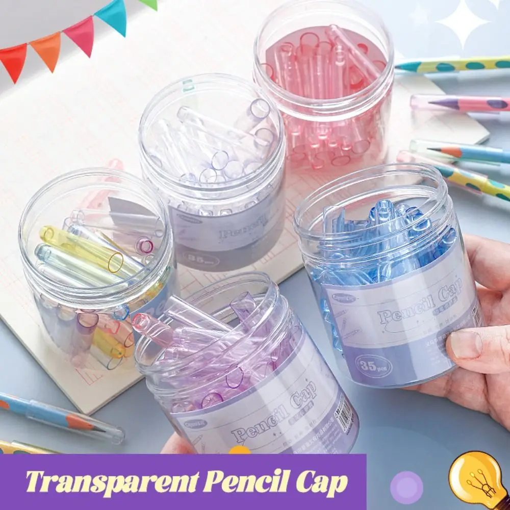 35PCS/Box Multi Functional Plastic Pencil Cap Solid Color Transparent Pencil Protective Case Pencil Extender Students